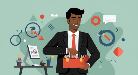 Businessman with Toolkit: Problem-Solving and Strategic Planning
