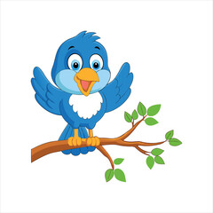 Smiling Cartoon Bluebird Sitting on a Tree Branch