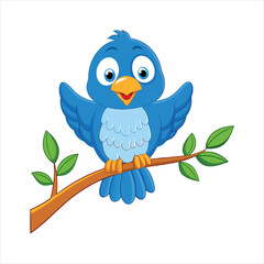 Smiling Cartoon Bluebird Sitting on a Tree Branch