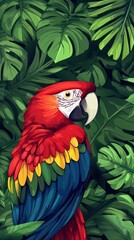 Fototapeta premium Colorful Scarlet Macaw Portrait Amidst Lush Tropical Foliage Graphic Illustration Style