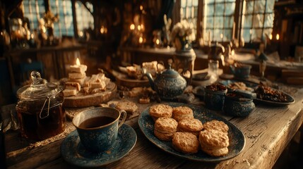 Fototapeta premium Cozy Afternoon Tea Setup with Rustic Charm and Warm Lighting