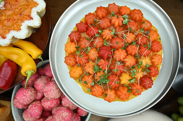 cheesecake ,cheesecake with fruits, pitanga cheesecake, buffet food, haute cuisine, close up...