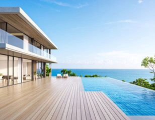 Fototapeta premium Modern luxury house with infinity pool overlooking ocean, featuring spacious wooden deck and large glass windows. serene atmosphere invites relaxation and enjoyment of beautiful view