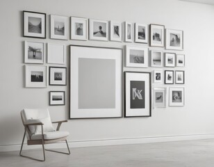 Gallery wall mockup; white background, various frames,  entryway,  office,  photo mockup