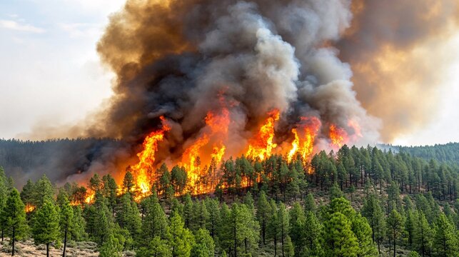 Wildfire Engulfs Dense Forest Under Thick Smoke and Flames