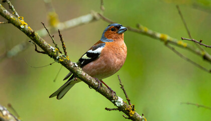 Fototapeta premium male chaffinch bird perches gracefully on branch, showcasing its vibrant plumage and striking colors. natural setting enhances its beauty, evoking sense of tranquility and connection to nature