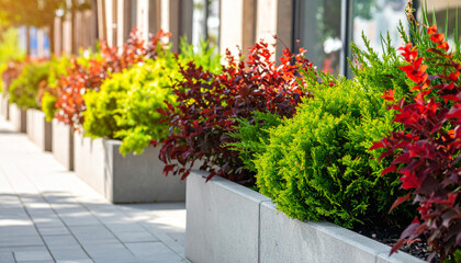 Fototapeta premium Lush greenery and vibrant foliage line modern sidewalk, showcasing variety of colorful plants in concrete planters. scene evokes sense of tranquility and urban beauty