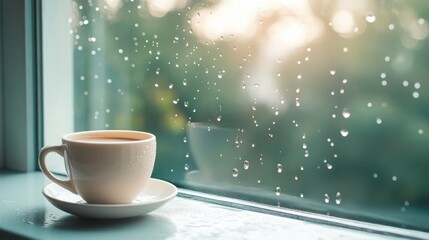 Obraz premium Warm Coffee by Rainy Window Cozy Atmosphere