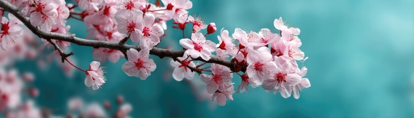 Obraz premium Blossoming apricot tree branches under blurred beautiful sky concept. Delicate pink cherry blossoms against a serene blue background.