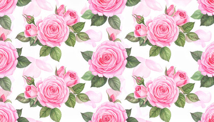 Beautiful seamless pattern featuring pink roses with delicate petals and lush green leaves, creating romantic and elegant floral design that evokes feelings of love and tranquility
