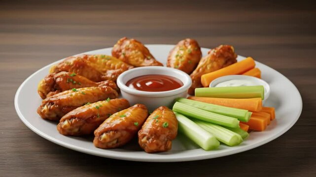 Serving Chicken Wings with Carrot and Celery Sticks on Plate