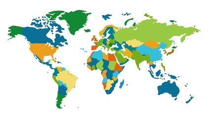 Obraz premium A colorful world map with the continents of Africa, Asia, Europe, North America