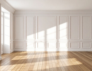 Fototapeta premium bright and spacious interior featuring elegant white paneling and warm wooden flooring. Sunlight streams through large windows, creating serene and inviting atmosphere