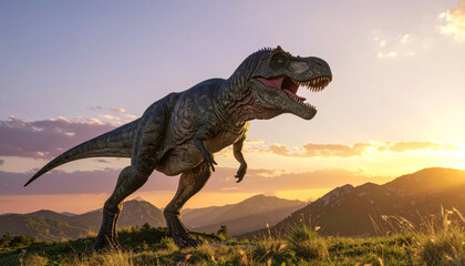 Fototapeta premium majestic dinosaur stands proudly against stunning sunset backdrop, showcasing its powerful stance and detailed features. vibrant colors of sky enhance dramatic scene, evoking sense of wonder