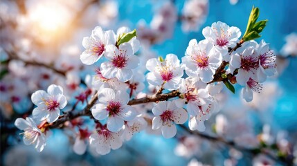 Blossoming apricot tree branches beneath beautiful sky with sunlight concept. Delicate cherry blossoms blooming against a vibrant blue sky.