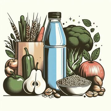 healthy food arrangement with water bottle clip art preview