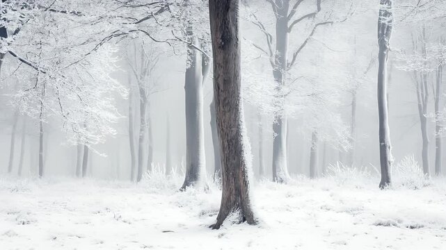 Winter Scenery of Snowy Forest with Tall Trees and Frost Covered Branches in White Background