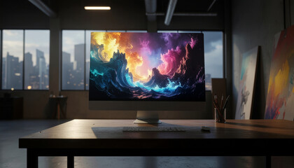 Fototapeta premium Digital desktop computer with colorful abstract artwork on screen in modern office with city view, creative workspace with painting tools and natural light
