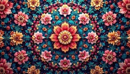 Intricate floral motif within a repeating hexagonal pattern , geometric, abstract, retro