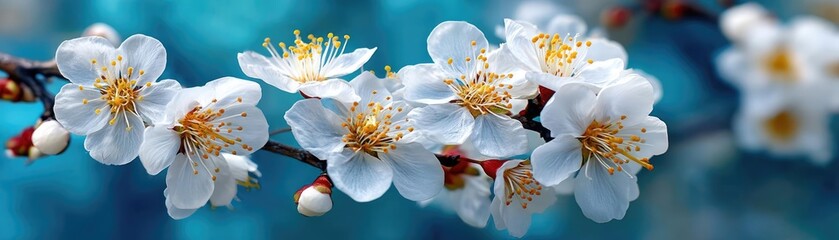 Obraz premium Blossoming apricot tree branches under blurred beautiful sky concept. Beautiful blooming cherry blossoms against a vibrant blue background.