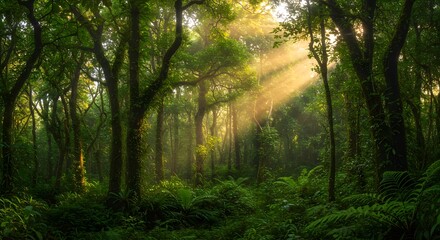 Fototapeta premium Lush rainforest canopy with sunlight filtering through (horizontal). 