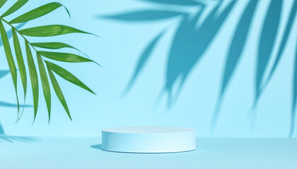 Fototapeta premium minimalist display stand with light blue circular base is set against vibrant blue background, complemented by shadows of green palm leaves, creating fresh and inviting atmosphere