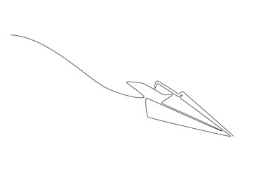 Flying paper plane in continuous one line drawing. Single line art illustration of paper plane. Editable vector.