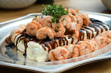 shrimp terrine with tare sauce, shrimp terrine, buffet food in restaurant, haute cuisine, close up of terrine
