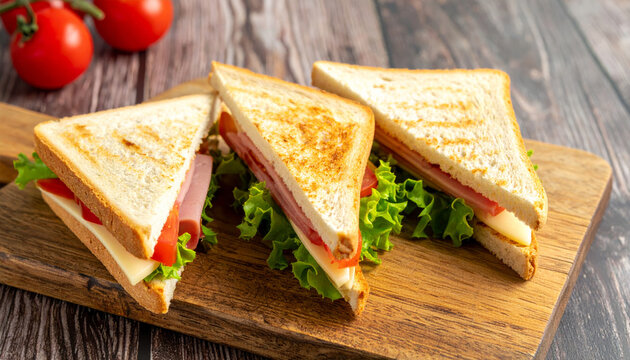 Delicious triangle sandwiches with fresh lettuce, tomatoes, and layers of ham and cheese, served on wooden board, evoke sense of comfort and satisfaction