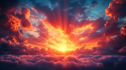 Fototapeta premium Spectacular sunset with vibrant colors over a sea of clouds painting the sky