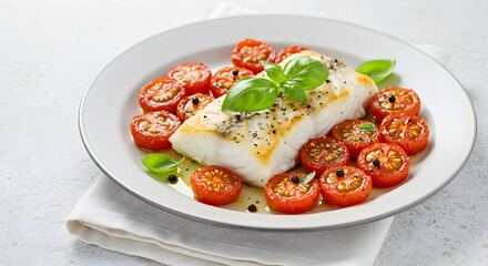 Cooked White Fish Fillet with Cherry Tomatoes and Basil on White Plate Delicious Gourmet Meal Food Presentation and Restaurant Cuisine