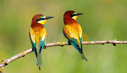 Colorful bee eaters perched on branch, showcasing their vibrant plumage and striking features. These birds exhibit beautiful blend of colors, creating captivating scene in nature