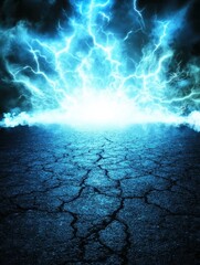 Fototapeta premium Dramatic lightning strikes over cracked earth creating a powerful scene in dark blue tones with a low angle perspective