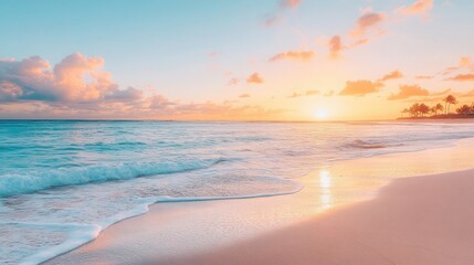 Fototapeta premium Sunset over Ocean Waves Washing Sandy Beach with Palm Trees Horizon view