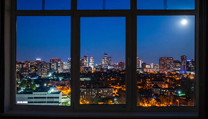 stunning night city view through window showcases vibrant skyline illuminated by city lights and bright moon. scene evokes sense of tranquility and wonder