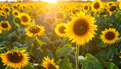 Fototapeta premium Sunflower field during sunset, vibrant yellow flowers basking in warm light, creating serene and joyful atmosphere. beauty of nature is truly captivating