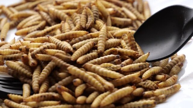 Nutritionist-approved concept of edible insect larvae as eco-friendly food solution for overpopulated planet. Black plastic cutlery included.