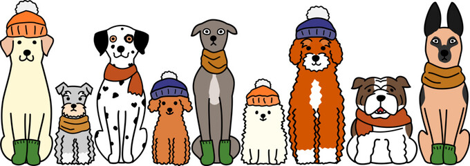 winter cartoon dogs sitting in a row