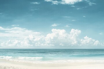 Obraz premium Tranquil Azure Seascape, White Sandy Beach, Foamy Waves Under Cloudy Sky Scenery