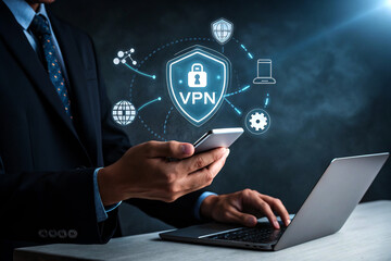 Person Using Laptop and Smartphone with VPN Shield for Online Security