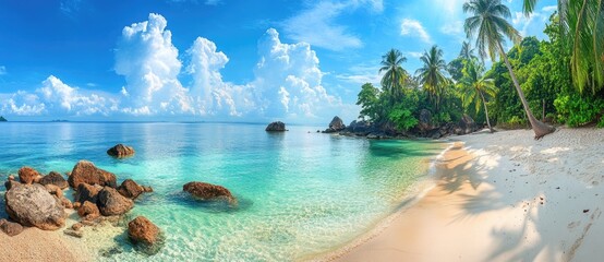 Tropical Paradise Beach with Blue Sky, Turquoise Water, Palm Trees, and White Sand