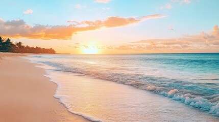 Obraz premium Tropical Sandy Beach Waves Palm Trees Silhouetted Against Colorful Sunrise Sky