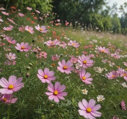 Obraz premium Numerous cosmos flowers in a lush garden setting, soft focus background , outdoor, macro, bloom