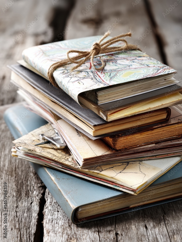 Fototapete discovering travel inspiration from a stack of guidebooks and notes on a rustic wooden table generat