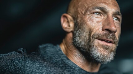 A mature man with a beard and intense gaze wearing a dark shirt captured in a closeup portra