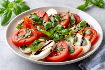 Caprese salad with fresh mozzarella cheese, tomatoes, basil and balsamic glaze on a white plate