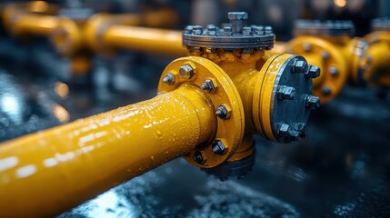 Close-up of a vibrant yellow industrial pipeline with metallic flanges and bolted connections