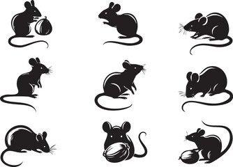 Black white vector illustration set of rats silhouettes on white
