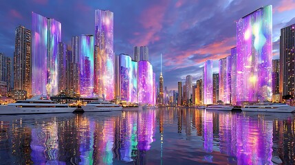 Vibrant Reflection of Skyscrapers with Colorful Light Displays Over Water at Dusk