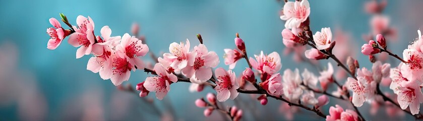 Fototapeta premium Blossoming apricot tree branches under blurred beautiful sky concept. Beautiful pink blossoms against a soft blue background.